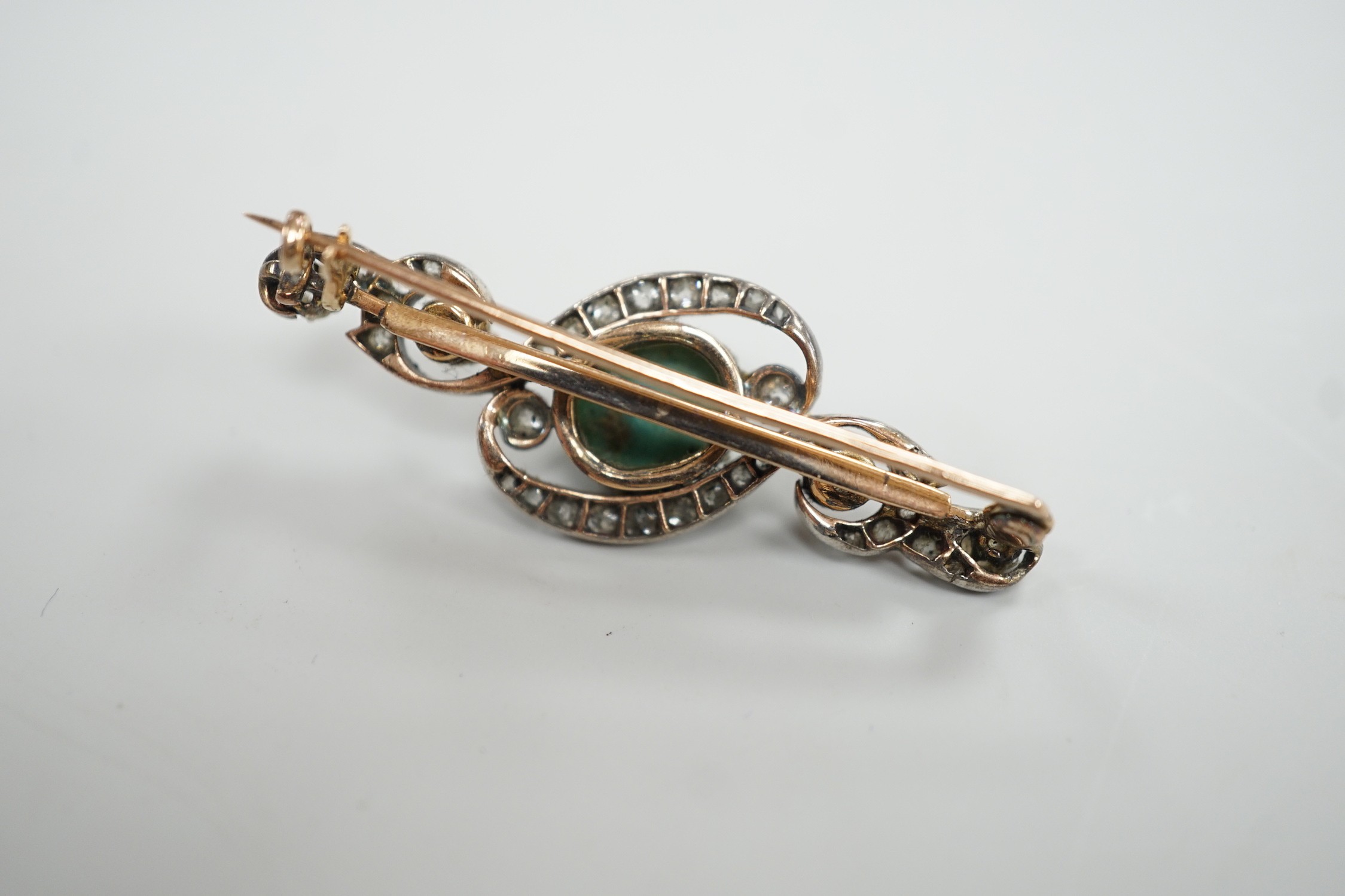 A Victorian yellow metal, turquoise and diamond cluster set bar brooch, 40mm, gross weight , 4.9 grams.